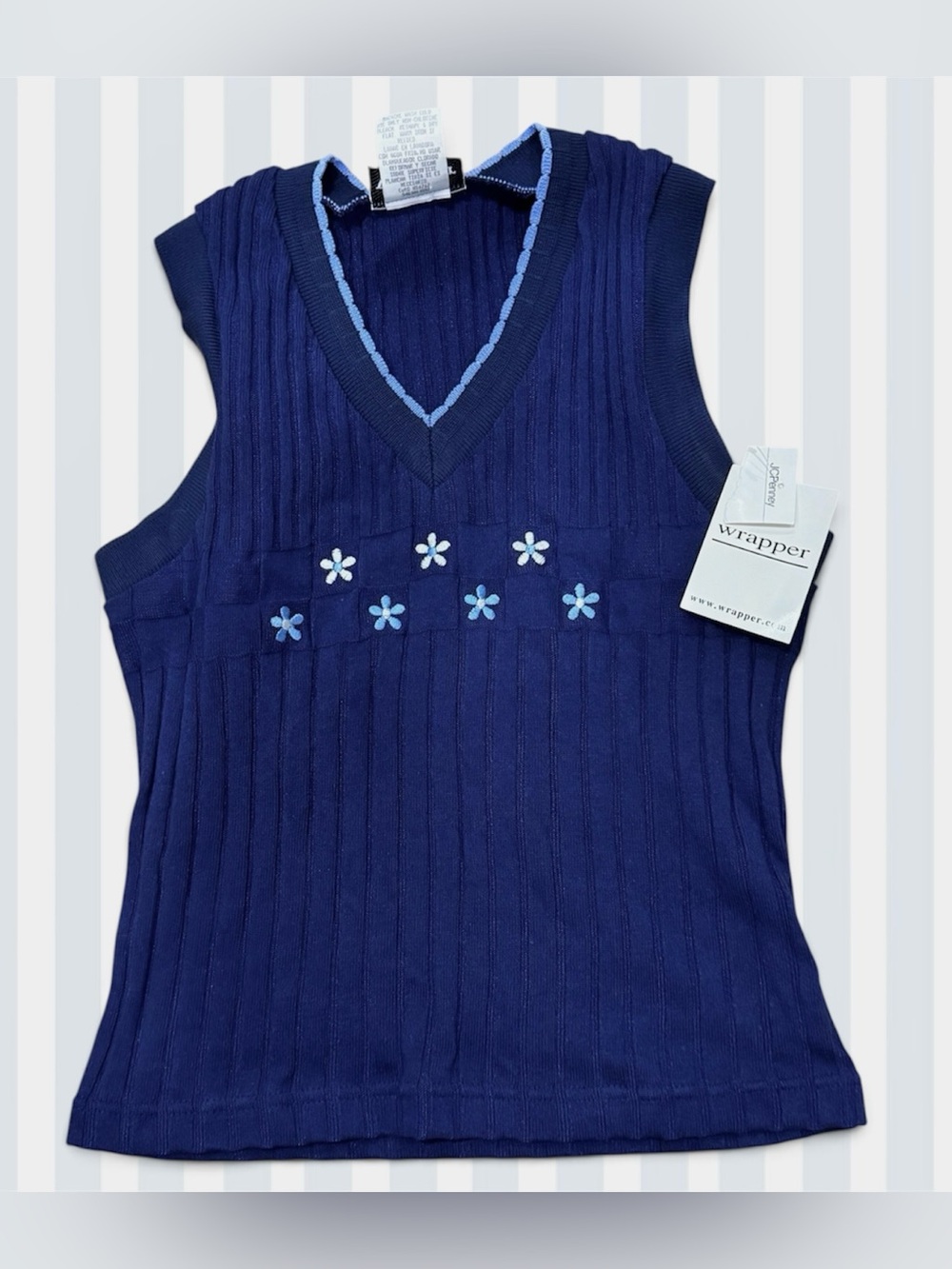 VTG Deadstock Embroidered Daisy Navy Blue Sweater Vest Top Wrapper Late 90s/Y2K